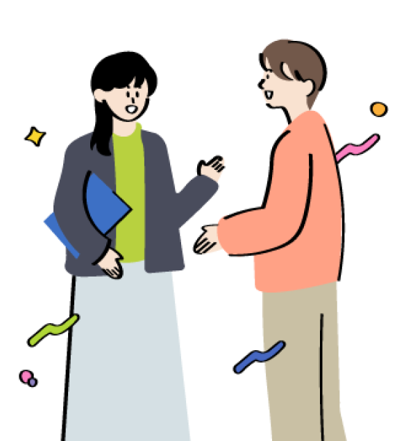 教師と学生が笑顔で話しているイラスト